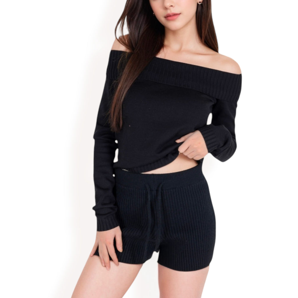 Anna-Kaci Women's Ribbed Off-the-Shoulder Long Sleeve Top and Sweater Knit Shorts Set with Drawstring Waist for Cozy Casual Style