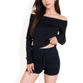 Anna-Kaci Women's Ribbed Off-the-Shoulder Long Sleeve Top and Sweater Knit Shorts Set with Drawstring Waist for Cozy Casual Style