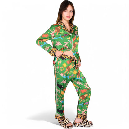 Anna-Kaci Women's Satin Zodiac Print Pajama Set with Button-Up Top and Relaxed Fit Pants- Green,Small
