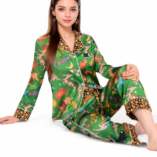 Anna-Kaci Women's Satin Zodiac Print Pajama Set with Button-Up Top and Relaxed Fit Pants- Green,Small