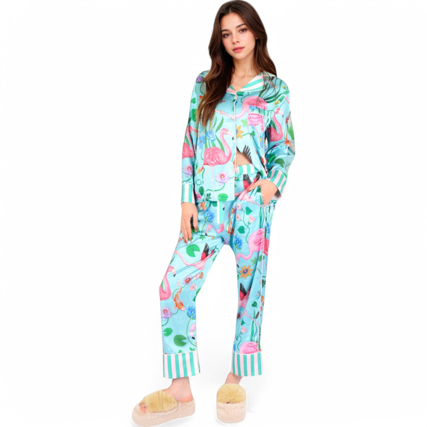 Anna-Kaci Women's Satin Tropical Flamingo Print Pajama Set with Button-Up Top and Relaxed Fit Pants