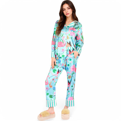 Anna-Kaci Women's Satin Tropical Flamingo Print Pajama Set with Button-Up Top and Relaxed Fit Pants