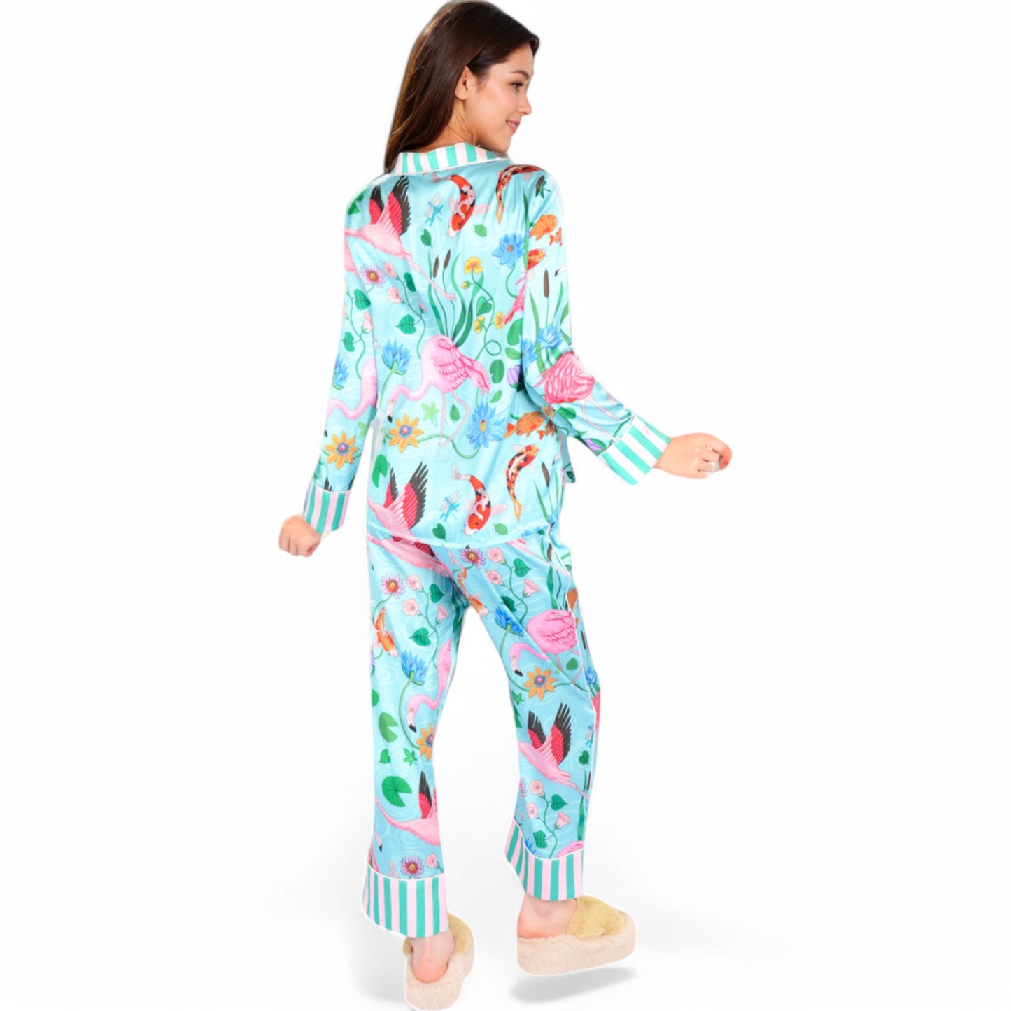 Anna-Kaci Women's Satin Tropical Flamingo Print Pajama Set with Button-Up Top and Relaxed Fit Pants