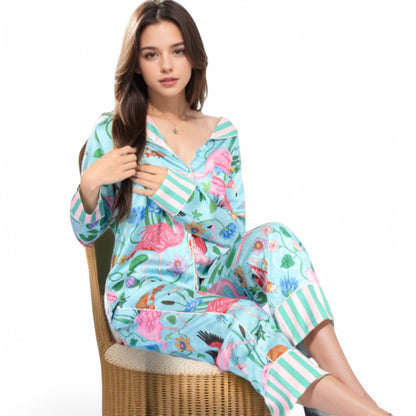 Anna-Kaci Women's Satin Tropical Flamingo Print Pajama Set with Button-Up Top and Relaxed Fit Pants