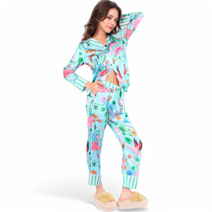 Anna-Kaci Women's Satin Tropical Flamingo Print Pajama Set with Button-Up Top and Relaxed Fit Pants