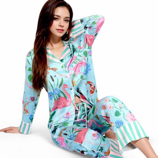 Anna-Kaci Women's Satin Tropical Flamingo Print Pajama Set with Button-Up Top and Relaxed Fit Pants