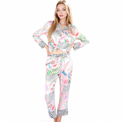 Anna-Kaci Women's Satin Pink Leopard Print Pajama Set with Button-Up Long Sleeve Top and Relaxed Fit Pants