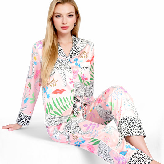 Anna-Kaci Women's Satin Pink Leopard Print Pajama Set with Button-Up Long Sleeve Top and Relaxed Fit Pants
