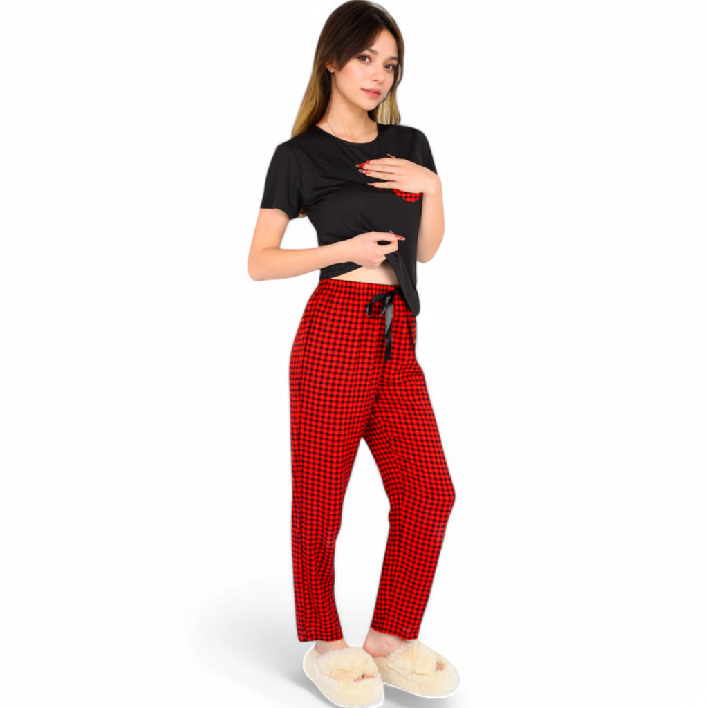 Anna-Kaci Women's Holiday Plaid Pajama Set with Short Sleeve Tie-Front Top and Elastic Waist Pants- Red,Small