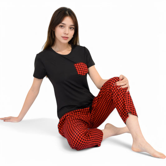 Anna-Kaci Women's Holiday Plaid Pajama Set with Short Sleeve Tie-Front Top and Elastic Waist Pants- Red,Small