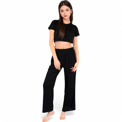 Anna-Kaci Women's Minimalist Black Pajama Set with Soft Short Sleeve Crop Top and High Waist Wide-Leg Pants