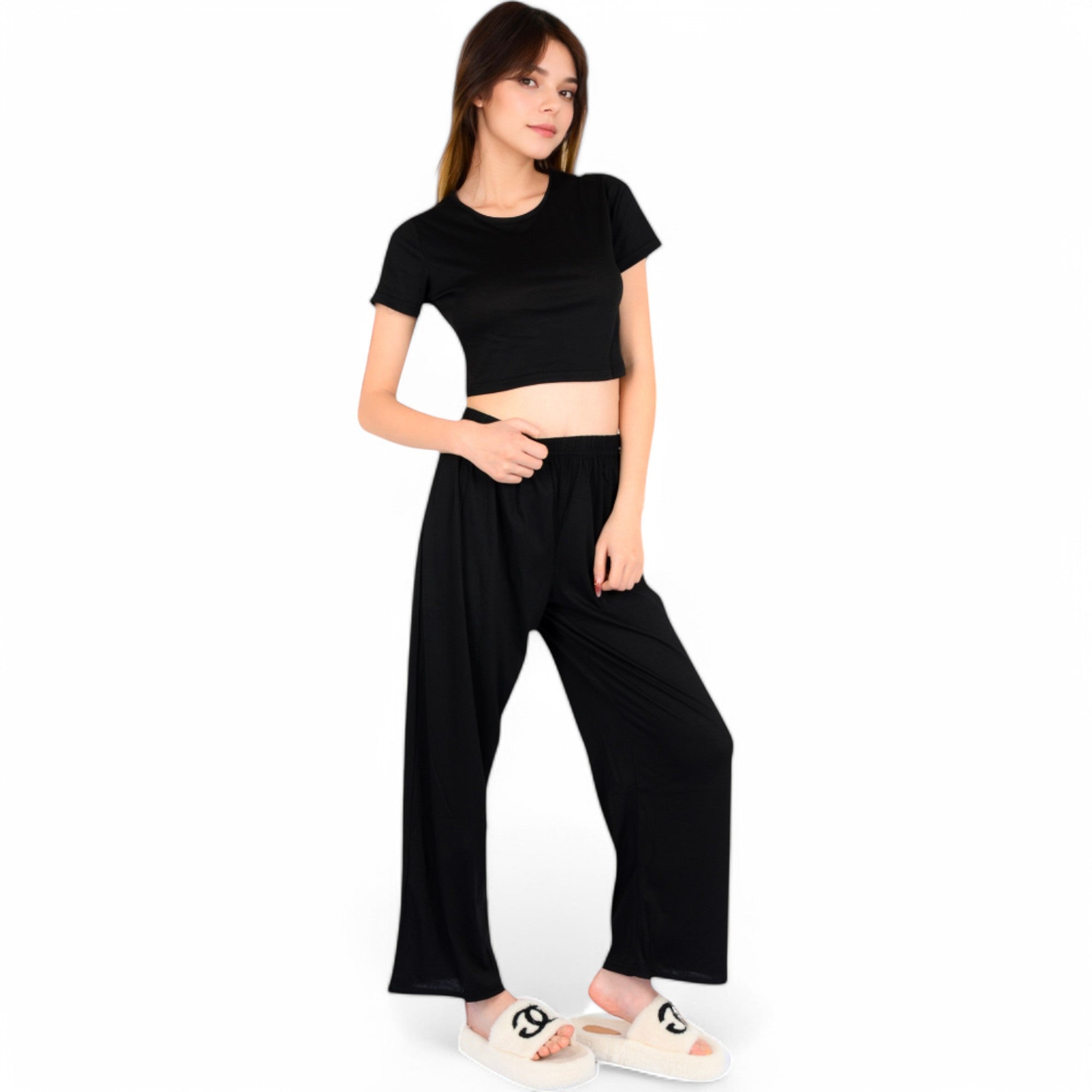 Anna-Kaci Women's Minimalist Black Pajama Set with Soft Short Sleeve Crop Top and High Waist Wide-Leg Pants
