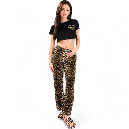 Anna-Kaci Women's Leopard Print Pajama Set with Ruffled Crop Top and High Waist Wide-Leg Pants
