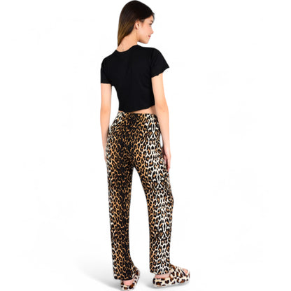 Anna-Kaci Women's Leopard Print Pajama Set with Ruffled Crop Top and High Waist Wide-Leg Pants