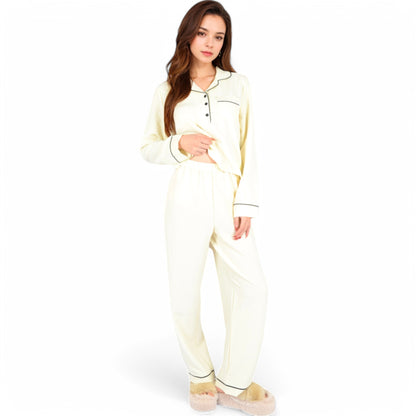 Anna-Kaci Women's Textured Pajama Set with Long Sleeve Button-Up Top and Contrast Piping Details