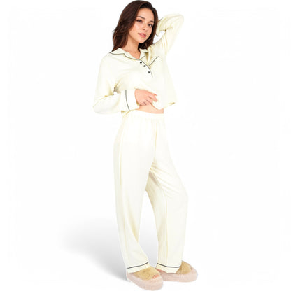 Anna-Kaci Women's Textured Pajama Set with Long Sleeve Button-Up Top and Contrast Piping Details