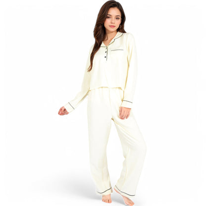 Anna-Kaci Women's Textured Pajama Set with Long Sleeve Button-Up Top and Contrast Piping Details