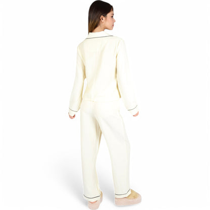 Anna-Kaci Women's Textured Pajama Set with Long Sleeve Button-Up Top and Contrast Piping Details
