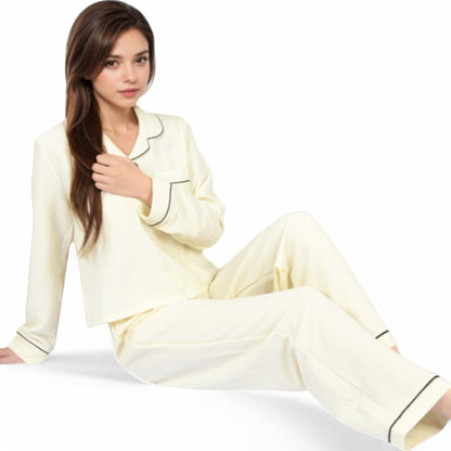 Anna-Kaci Women's Textured Pajama Set with Long Sleeve Button-Up Top and Contrast Piping Details