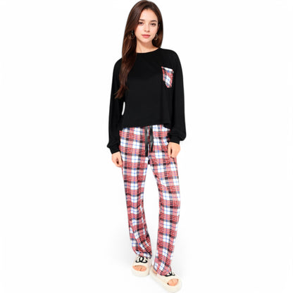 Anna-Kaci Women's Plaid Pajama Set with Long Sleeve Pocket Top and Relaxed Fit Elastic Waist Pants- Black,Small