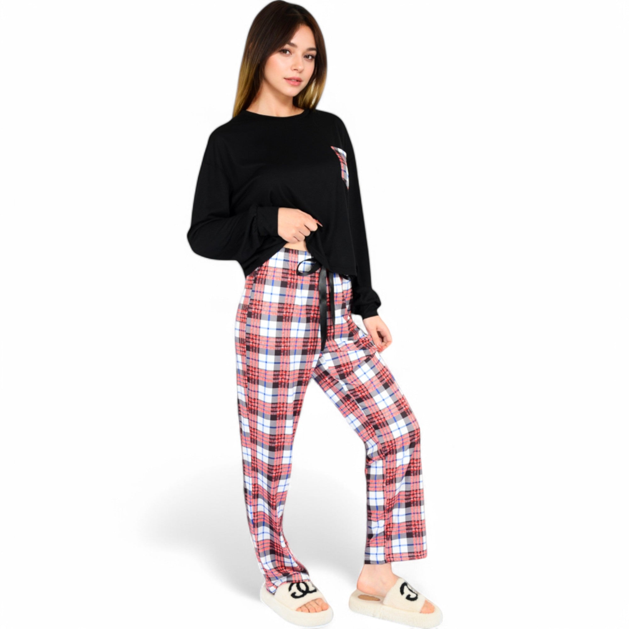 Anna-Kaci Women's Plaid Pajama Set with Long Sleeve Pocket Top and Relaxed Fit Elastic Waist Pants- Black,Small