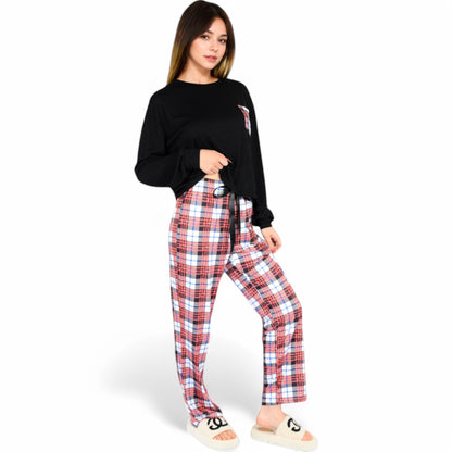 Anna-Kaci Women's Plaid Pajama Set with Long Sleeve Pocket Top and Relaxed Fit Elastic Waist Pants- Black,Small