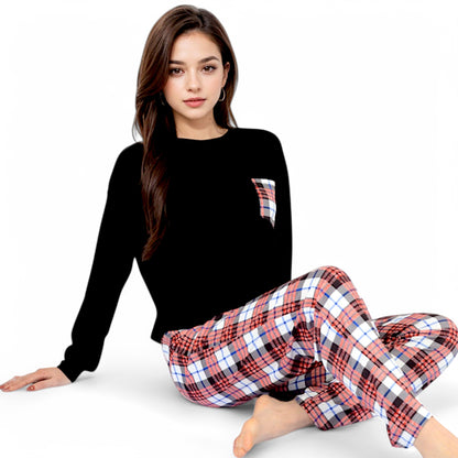 Anna-Kaci Women's Plaid Pajama Set with Long Sleeve Pocket Top and Relaxed Fit Elastic Waist Pants- Black,Small
