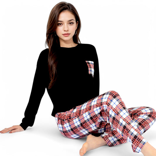 Anna-Kaci Women's Plaid Pajama Set with Long Sleeve Pocket Top and Relaxed Fit Elastic Waist Pants- Black,Small
