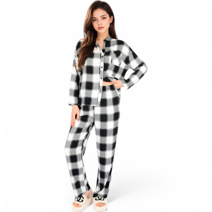 Anna-Kaci Women's Classic Black and White Plaid Pajama Set with Button-Up Long Sleeve Top and Relaxed Fit Pants