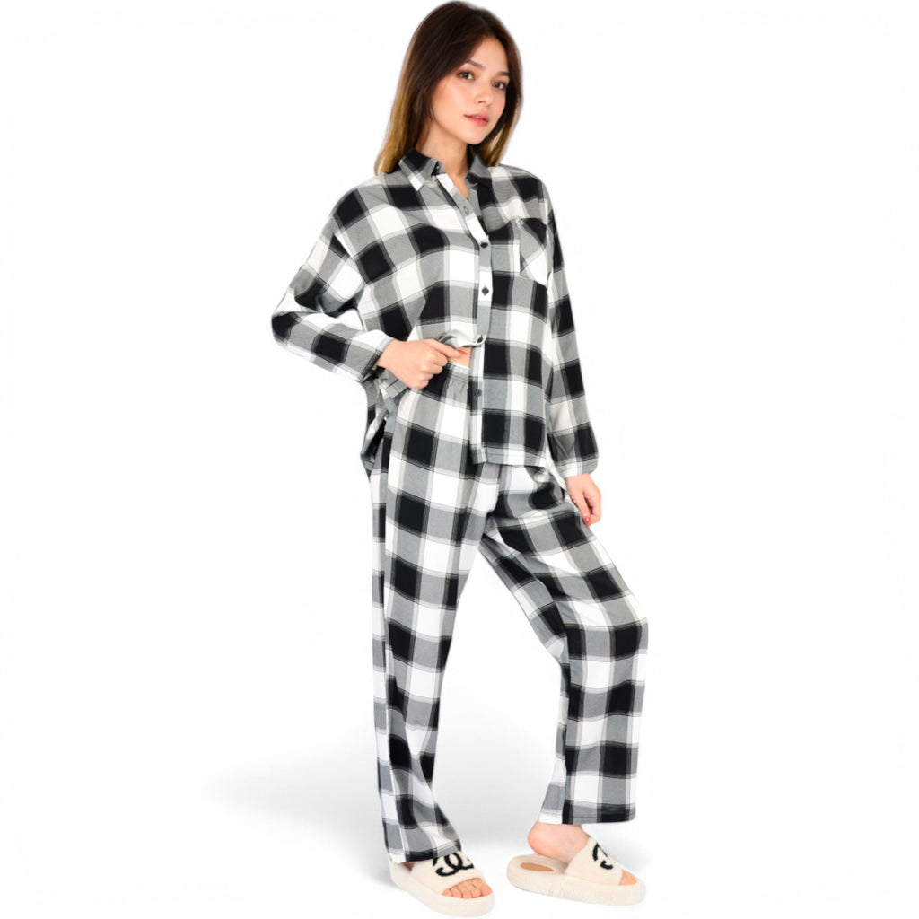 Anna-Kaci Women's Classic Black and White Plaid Pajama Set with Button-Up Long Sleeve Top and Relaxed Fit Pants