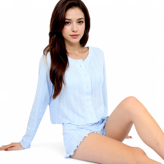 Anna-Kaci Women's Pink Ribbed Knit Lounge Set with Button-Up Cardigan, Bralette, and High Waist Shorts- Blue,Small