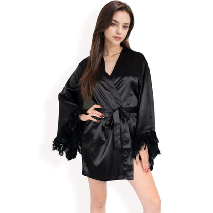 Anna-Kaci Women's Black Feather Trim Satin Robe with Bralette and High Waist Shorts Three-Piece Lounge Set