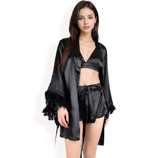 Anna-Kaci Women's Black Feather Trim Satin Robe with Bralette and High Waist Shorts Three-Piece Lounge Set