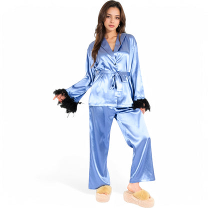Anna-Kaci Women's Satin Feather Trim Button-Up Lounge Set with Wide-Leg Pants