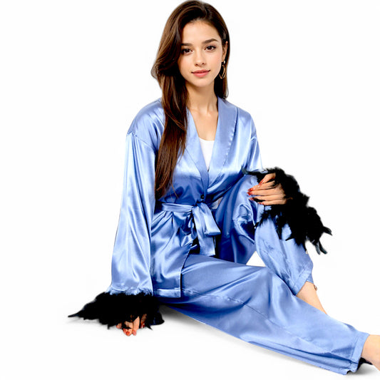 Anna-Kaci Women's Satin Feather Trim Button-Up Lounge Set with Wide-Leg Pants