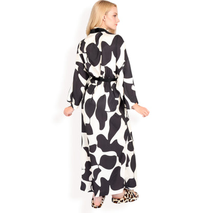 Anna-Kaci Women's Abstract Print Satin Duster Robe with Velvet Trim and Tie Waist