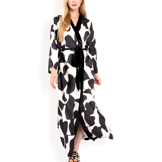 Anna-Kaci Women's Abstract Print Satin Duster Robe with Velvet Trim and Tie Waist