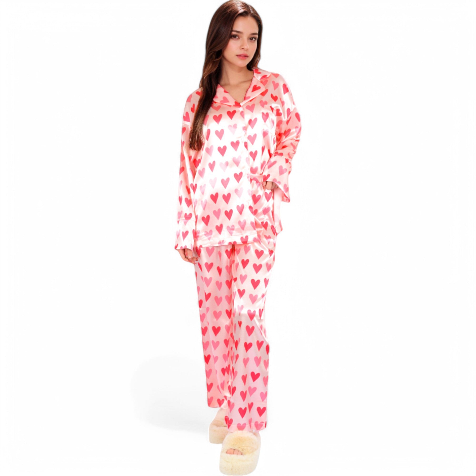 Anna-Kaci Women's Pink Heart Print Pajama Set with Button-Up Long Sleeve Top and Relaxed Fit Pants