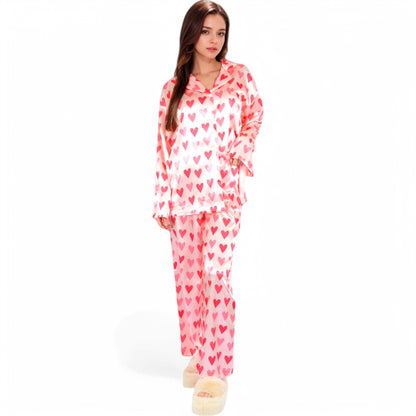 Anna-Kaci Women's Pink Heart Print Pajama Set with Button-Up Long Sleeve Top and Relaxed Fit Pants