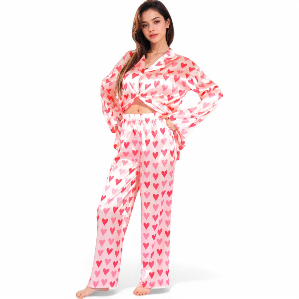Anna-Kaci Women's Pink Heart Print Pajama Set with Button-Up Long Sleeve Top and Relaxed Fit Pants