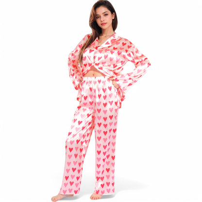 Anna-Kaci Women's Pink Heart Print Pajama Set with Button-Up Long Sleeve Top and Relaxed Fit Pants