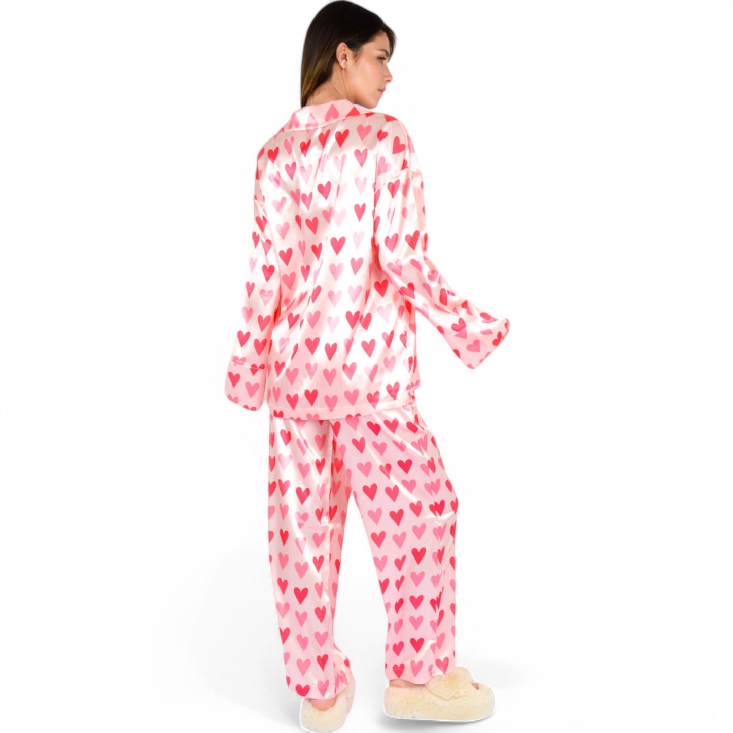 Anna-Kaci Women's Pink Heart Print Pajama Set with Button-Up Long Sleeve Top and Relaxed Fit Pants