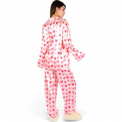Anna-Kaci Women's Pink Heart Print Pajama Set with Button-Up Long Sleeve Top and Relaxed Fit Pants