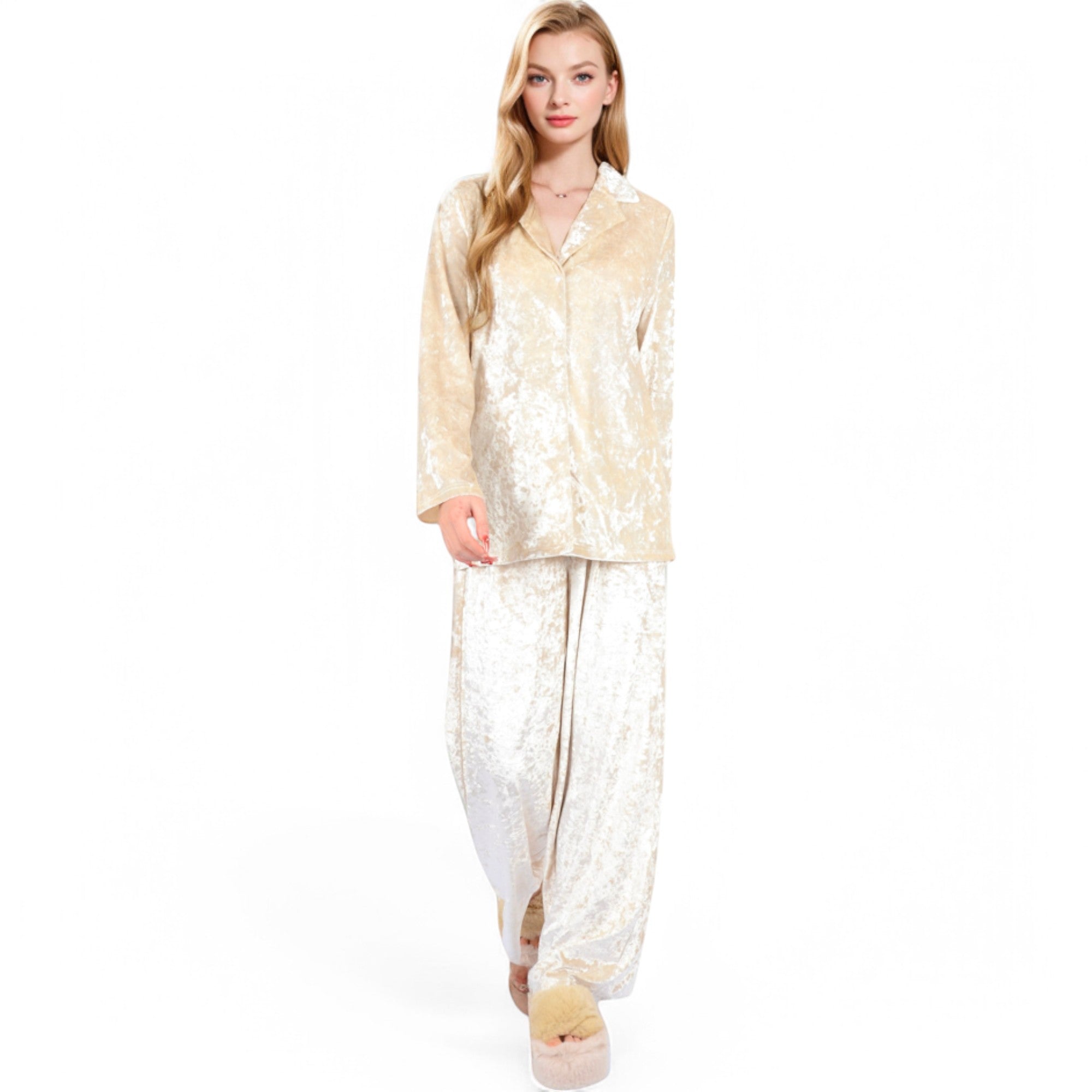 Anna-Kaci Women's Crushed Velvet Lounge Set with Button-Up Long Sleeve Top and Wide-Leg Pants