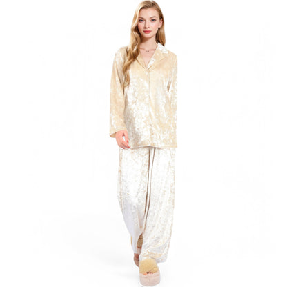 Anna-Kaci Women's Crushed Velvet Lounge Set with Button-Up Long Sleeve Top and Wide-Leg Pants