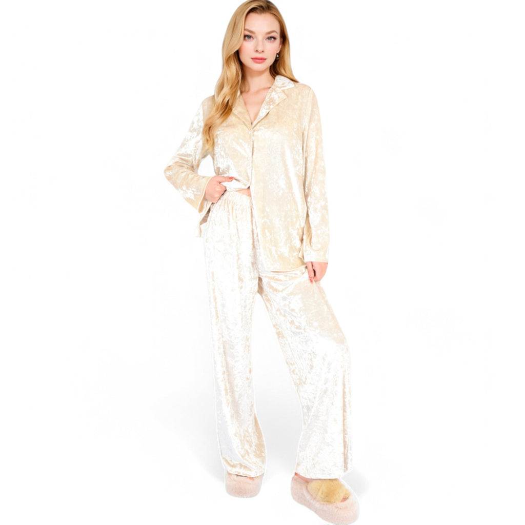 Anna-Kaci Women's Crushed Velvet Lounge Set with Button-Up Long Sleeve Top and Wide-Leg Pants