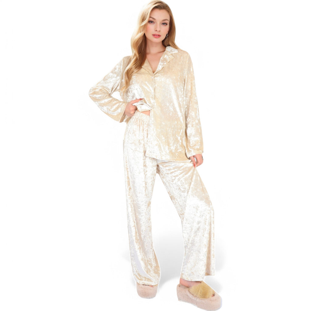 Anna-Kaci Women's Crushed Velvet Lounge Set with Button-Up Long Sleeve Top and Wide-Leg Pants
