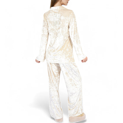 Anna-Kaci Women's Crushed Velvet Lounge Set with Button-Up Long Sleeve Top and Wide-Leg Pants
