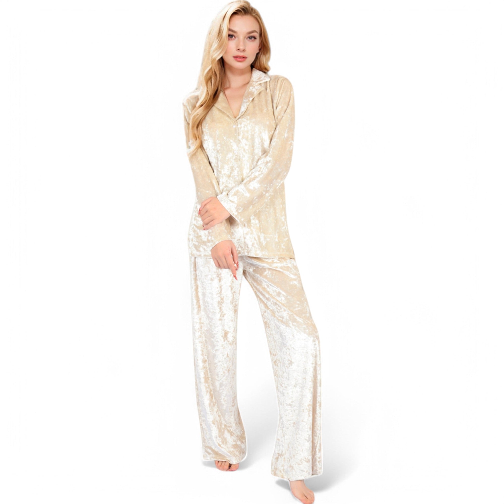 Anna-Kaci Women's Crushed Velvet Lounge Set with Button-Up Long Sleeve Top and Wide-Leg Pants