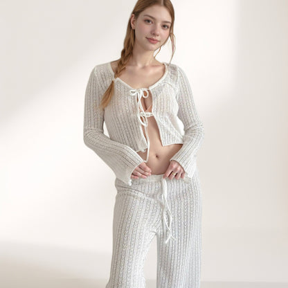 Anna-Kaci Lounge Women's Ribbed Knit Lounge Set with Tie Front Long Sleeve Top and Drawstring Pants